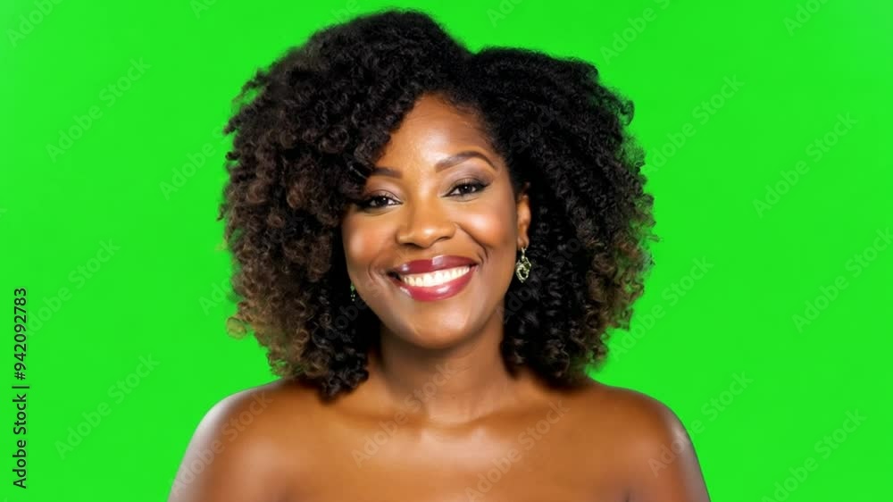 Proud plus size charming cheerful beautiful African American positive woman smiling. gazes happy at camera and enjoying posing on green screen background. Positive feedback, body language concept Proud plus size charming cheerful beautiful African American positive woman smiling. gazes happy at camera and enjoying posing on green screen background. Positive feedback, body language concept
