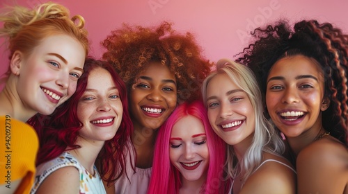 A joyful group of diverse women smiling together in a vibrant setting.