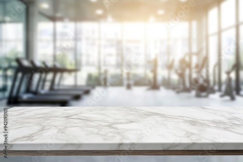 Empty room with marble wood table and blur fitness center background. Product display montage concept with generative ai