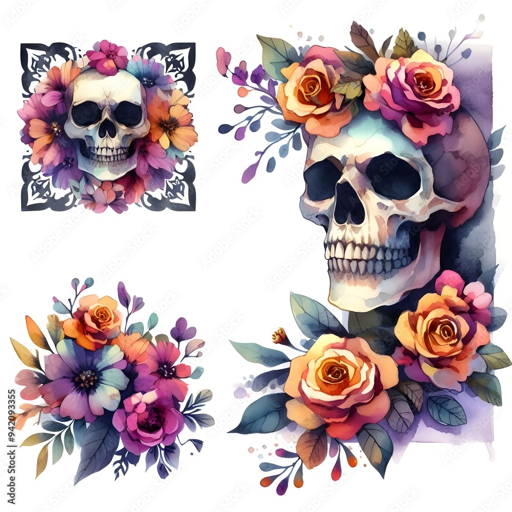 Watercolor illustration. Skulls and flowers. Day of the Dead. Halloween.	