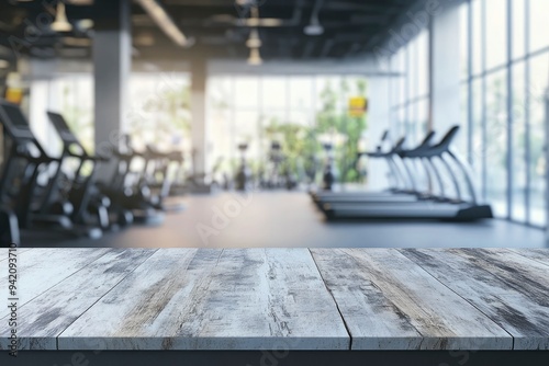Empty room with marble wood table and blur fitness center background. Product display montage concept with generative ai
