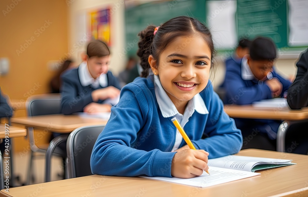 Smiling girl sitting at a school desk. Smiling girl sitting at a school desk.