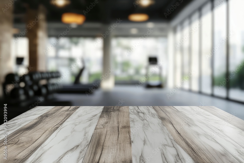 Empty room with marble wood table and blur fitness center background. Product display montage concept with generative ai Empty room with marble wood table and blur fitness center background. Product display montage concept with generative ai