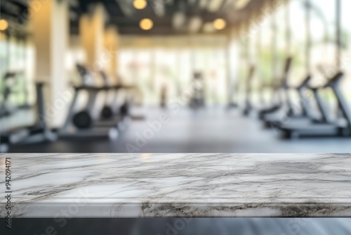 Empty room with marble wood table and blur fitness center background. Product display montage concept with generative ai