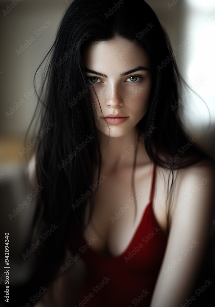 Φωτογραφία woman long black hair red dress pale grey skin doll face young girl portrait tal