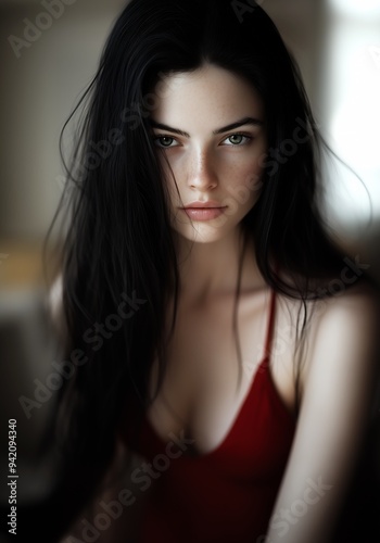 woman long black hair red dress pale grey skin doll face young girl portrait talented sharp soft focus uniquely visual
