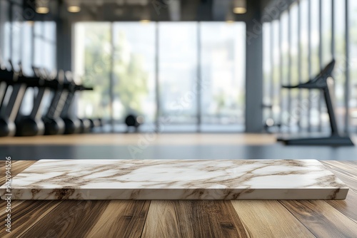 Empty room with marble wood table and blur fitness center background. Product display montage concept with generative ai