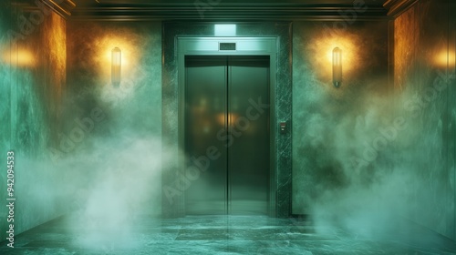 A mysterious elevator with eerie green fog in a dimly lit  modern interior.