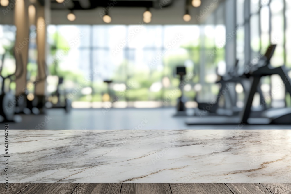 Empty room with marble wood table and blur fitness center background. Product display montage concept with generative ai Empty room with marble wood table and blur fitness center background. Product display montage concept with generative ai