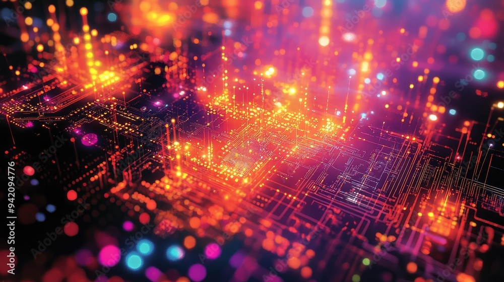Futuristic Tech Circuit Board with Glowing Microchips and Neon Lights Futuristic Tech Circuit Board with Glowing Microchips and Neon Lights