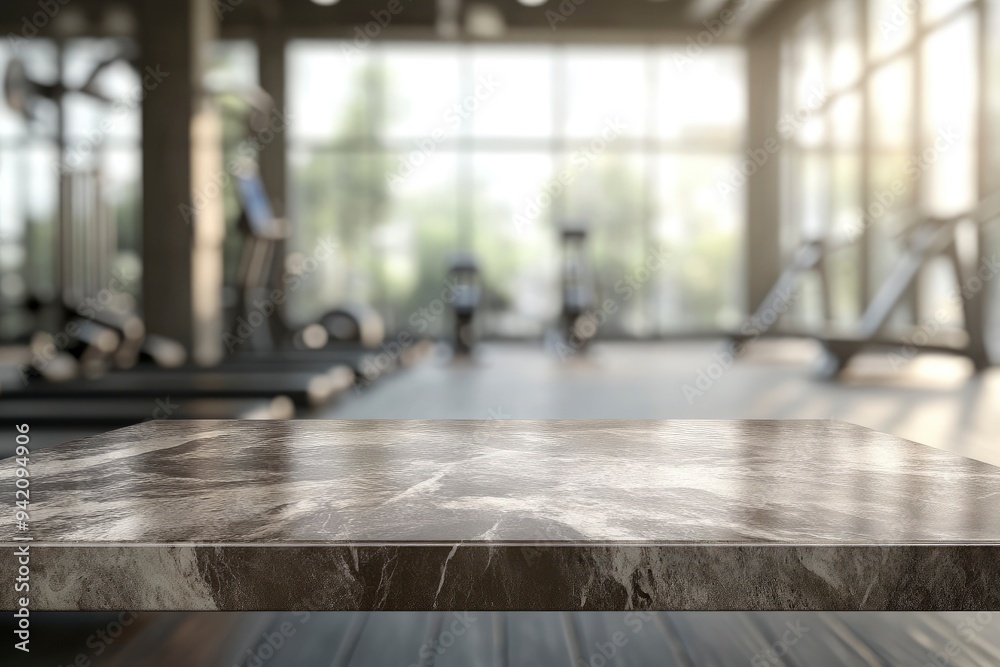 Empty room with marble wood table and blur fitness center background. Product display montage concept with generative ai Empty room with marble wood table and blur fitness center background. Product display montage concept with generative ai