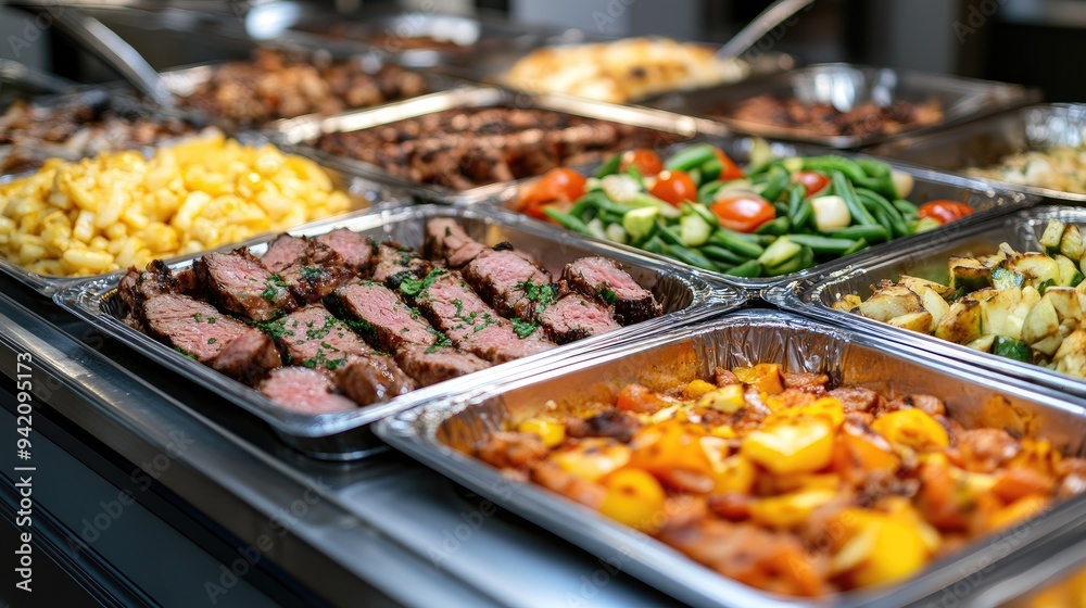 Various food dishes are displayed on a buffet table. This photo shows a variety of food options for a catered event, including meats, vegetables, and sides. Various food dishes are displayed on a buffet table. This photo shows a variety of food options for a catered event, including meats, vegetables, and sides.