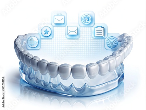 Transparent aligner with digital illustrations of teeth, smile, and calendar icons on a white background, representing modern orthodontic treatment and oral care planning. photo