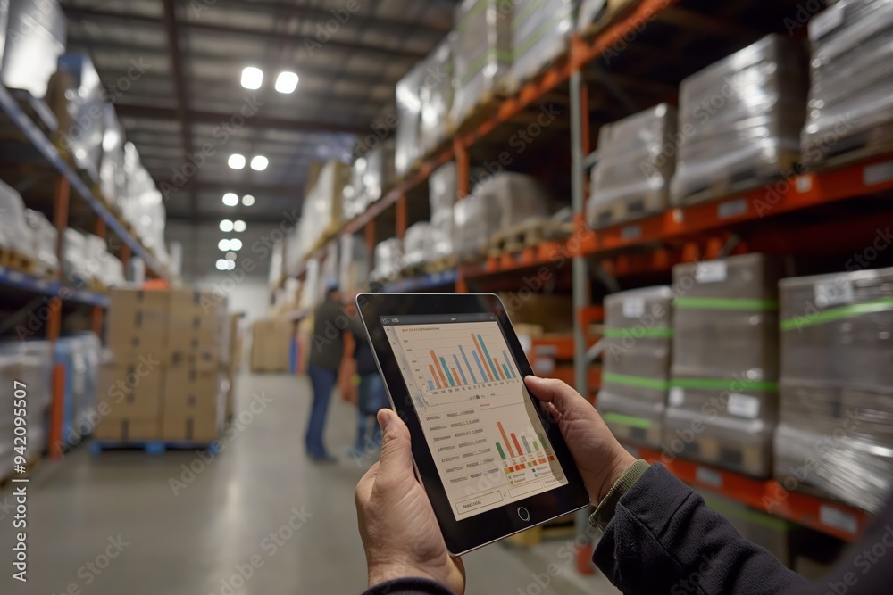 Person using a tablet for inventory management in a well-organized warehouse with shelves full of boxes, showing modern logistics and technological advancements in supply chain efficiency. Person using a tablet for inventory management in a well-organized warehouse with shelves full of boxes, showing modern logistics and technological advancements in supply chain efficiency.