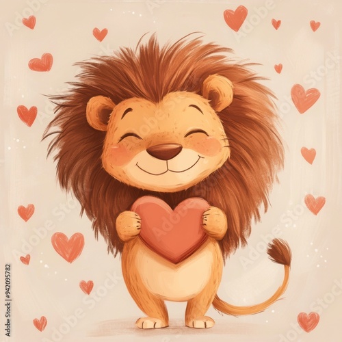 A cute cartoon lion with fluffy fur, hugging a heart-shaped object in its paws, smiling and looking happy against a soft beige background photo