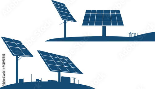 set of solar panel silhouette white background