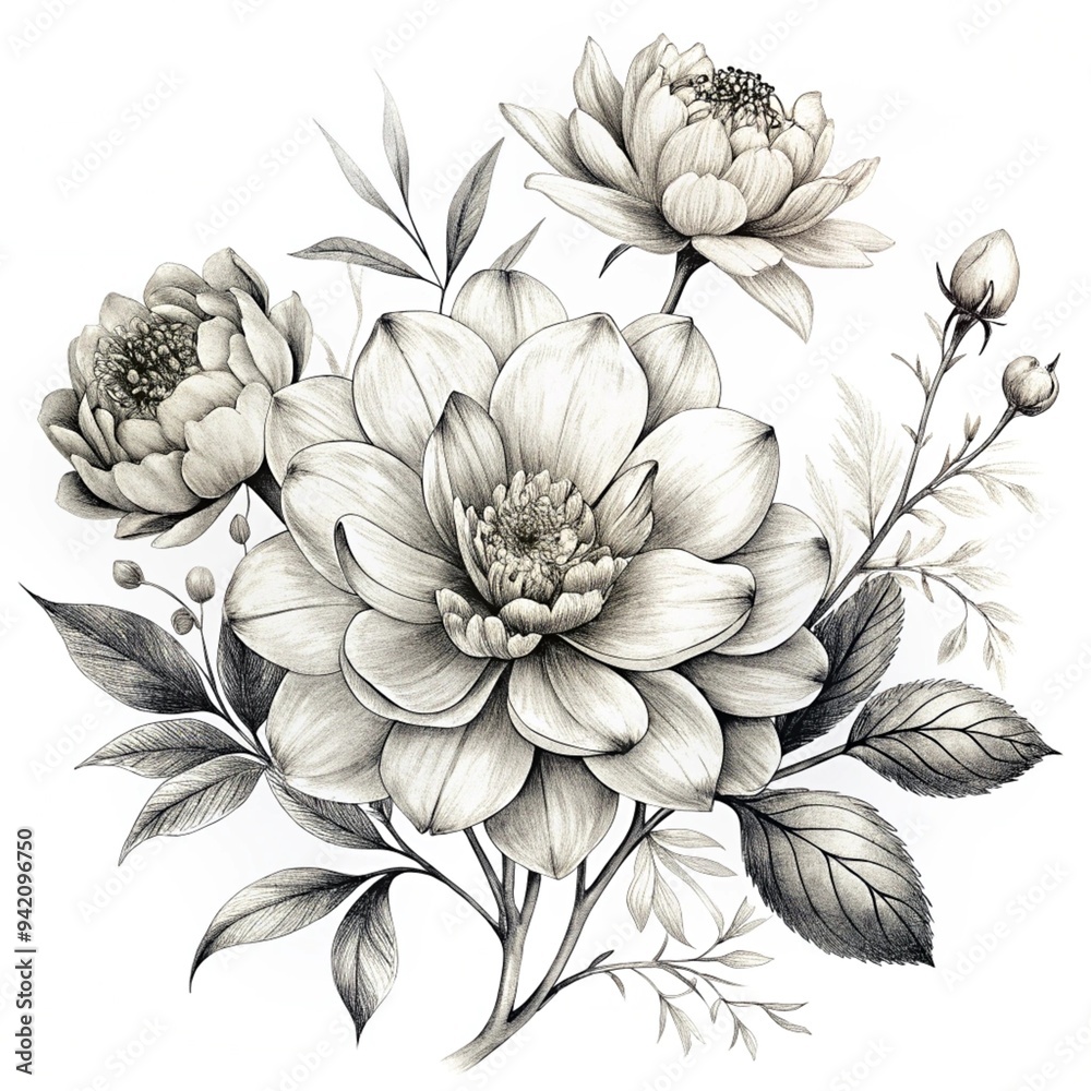 Delicate Floral Sketch in Black and White Representing Elegance. Delicate Floral Sketch in Black and White Representing Elegance.