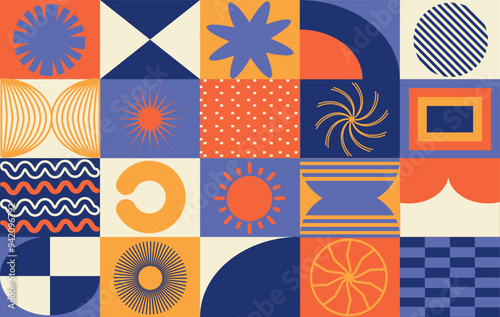 Sun and sea water vibrations abstract geometric seamless pattern in blue and yellow colors. In a modern geometric style. Vector suitable for background, fabric, textile, wrapping, surface, print. 