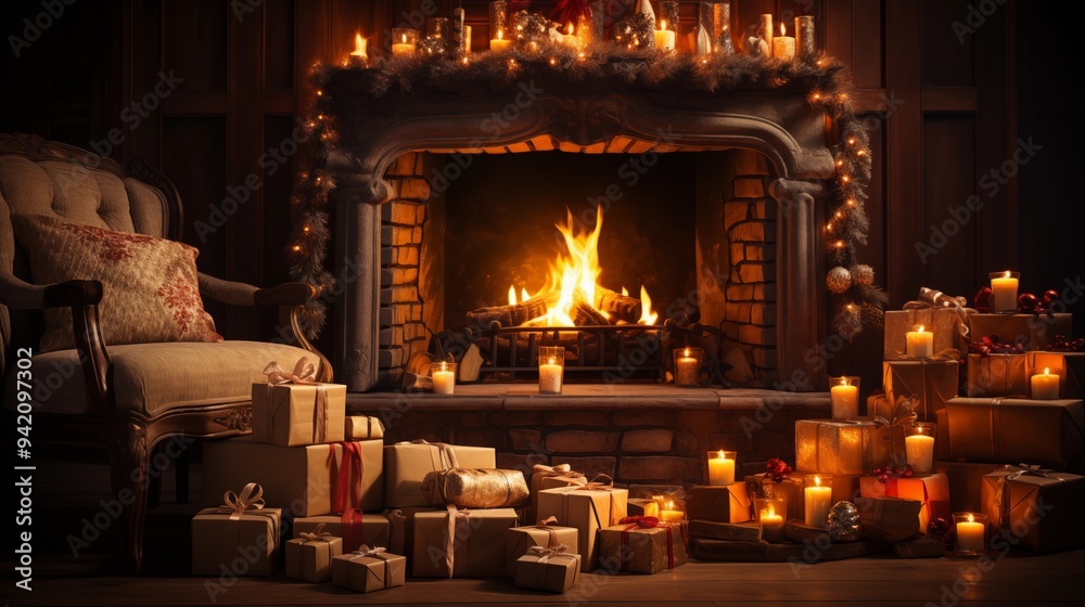 A warm Christmas background with gifts and a fireplace A warm Christmas background with gifts and a fireplace