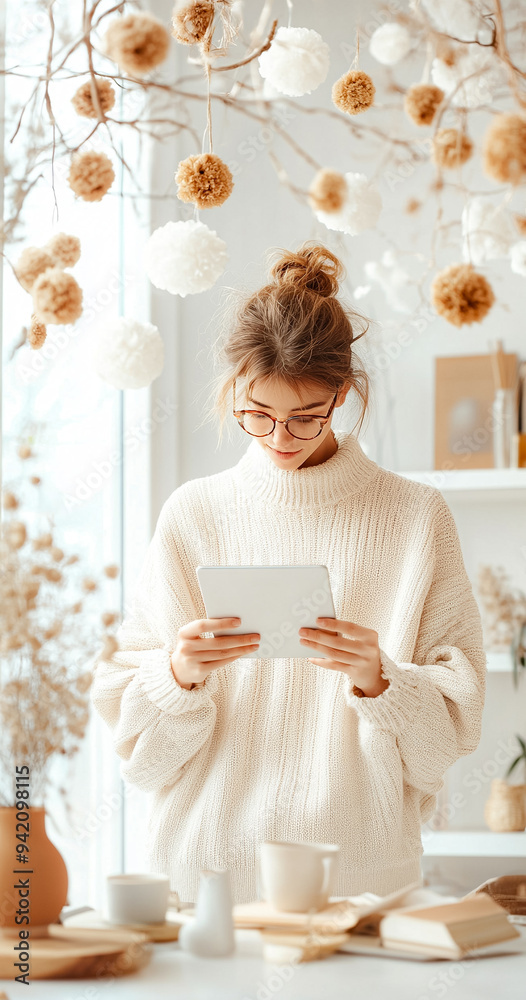 A woman is sitting at a table with a tablet in front of her A woman is sitting at a table with a tablet in front of her