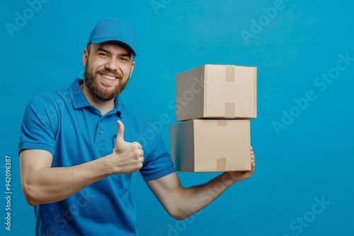 Smiling delivery person in blue uniform holding cardboard boxes and showing thumbs up on a blue background. Perfect image for courier service, shipping, logistics, and e-commerce concepts.