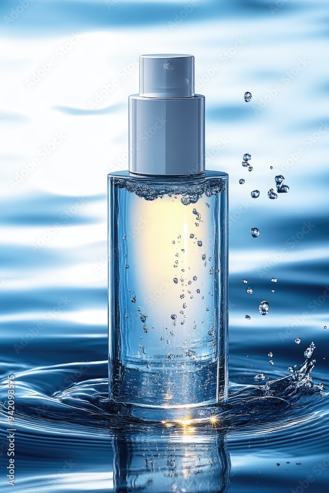 Cosmetic bottle standing in water with bubbles Cosmetic bottle standing in water with bubbles