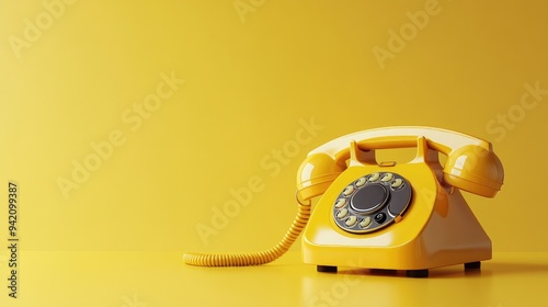 Retro Yellow Rotary Telephone on Bright Yellow Background in Minimalist Style photo