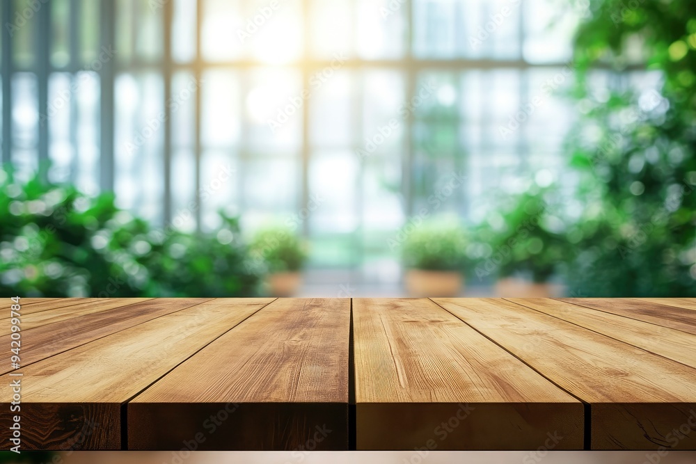 Empty wood table top and blur glass window wall building banner background with generative ai Empty wood table top and blur glass window wall building banner background with generative ai