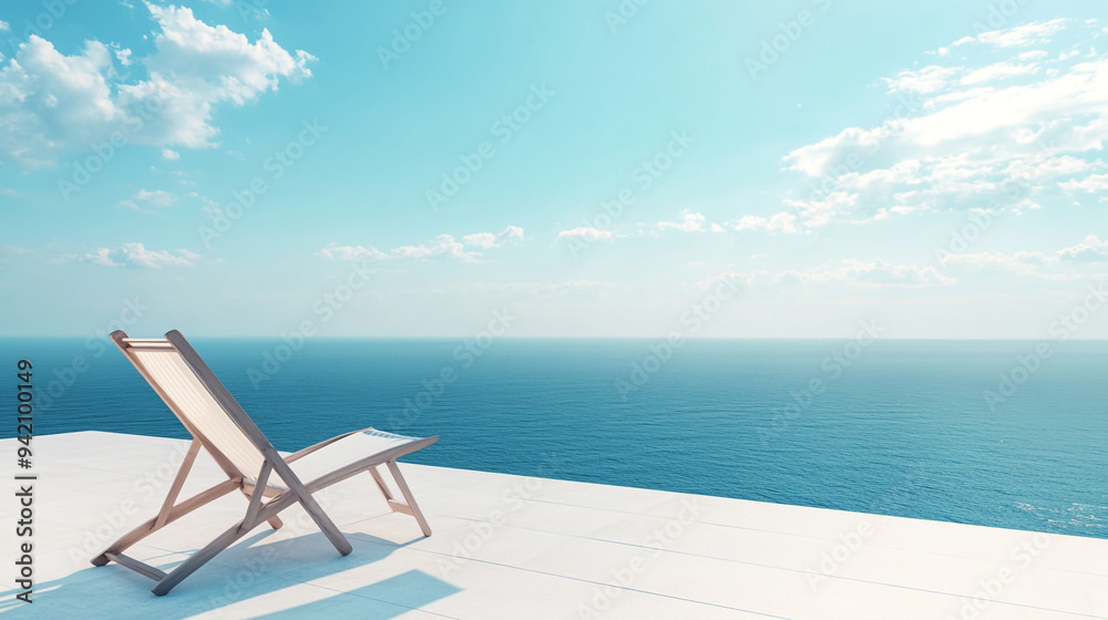 Relaxing beachside chair overlooking the calm ocean on a bright sunny day with light clouds drifting in the sky Relaxing beachside chair overlooking the calm ocean on a bright sunny day with light clouds drifting in the sky