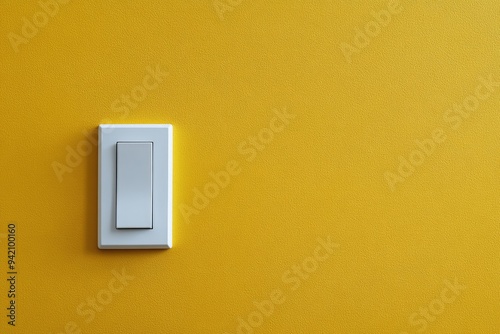 White light switch on yellow wall. Perfect for home decor, interior design, and electrical concepts.