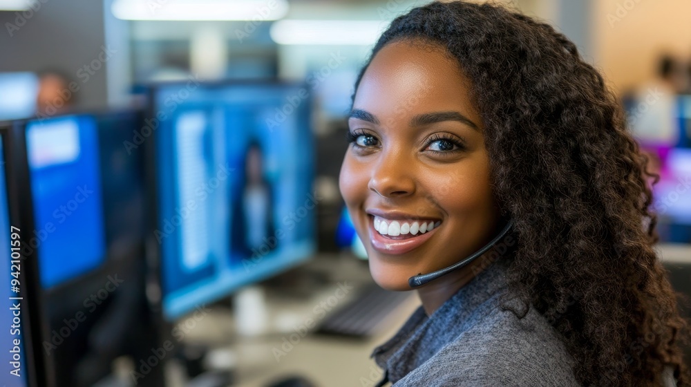 Smiling Customer Service Representative with Headset, Portrait, Close-up, Office, Call Center, Customer Service, Support Smiling Customer Service Representative with Headset, Portrait, Close-up, Office, Call Center, Customer Service, Support