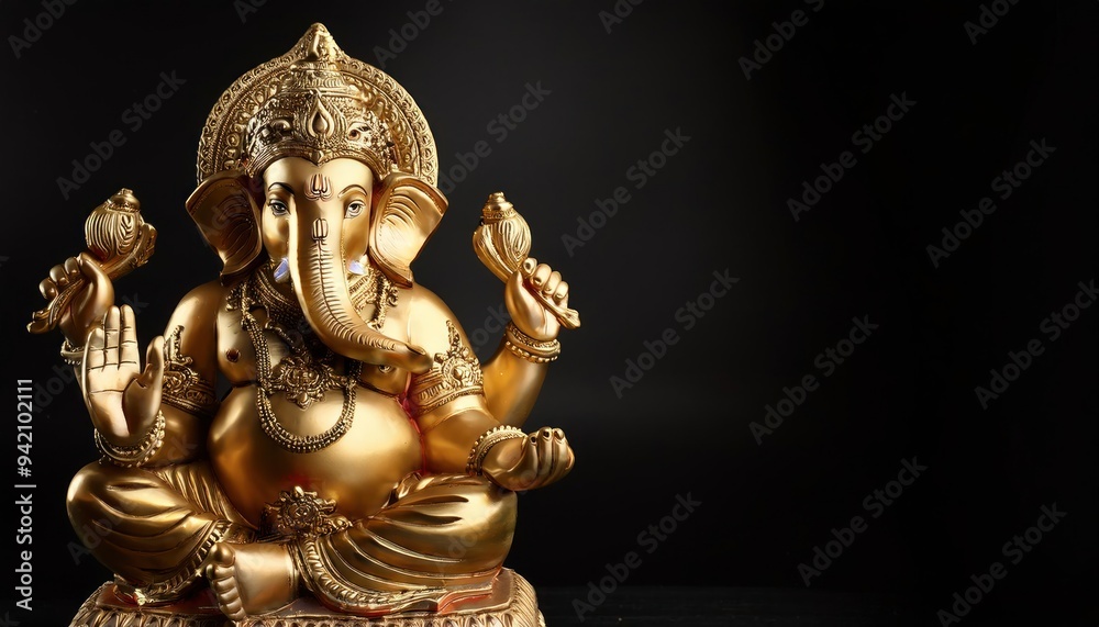 Gold Ganesha in Sitting Pose on Dark Black Background Gold Ganesha in Sitting Pose on Dark Black Background