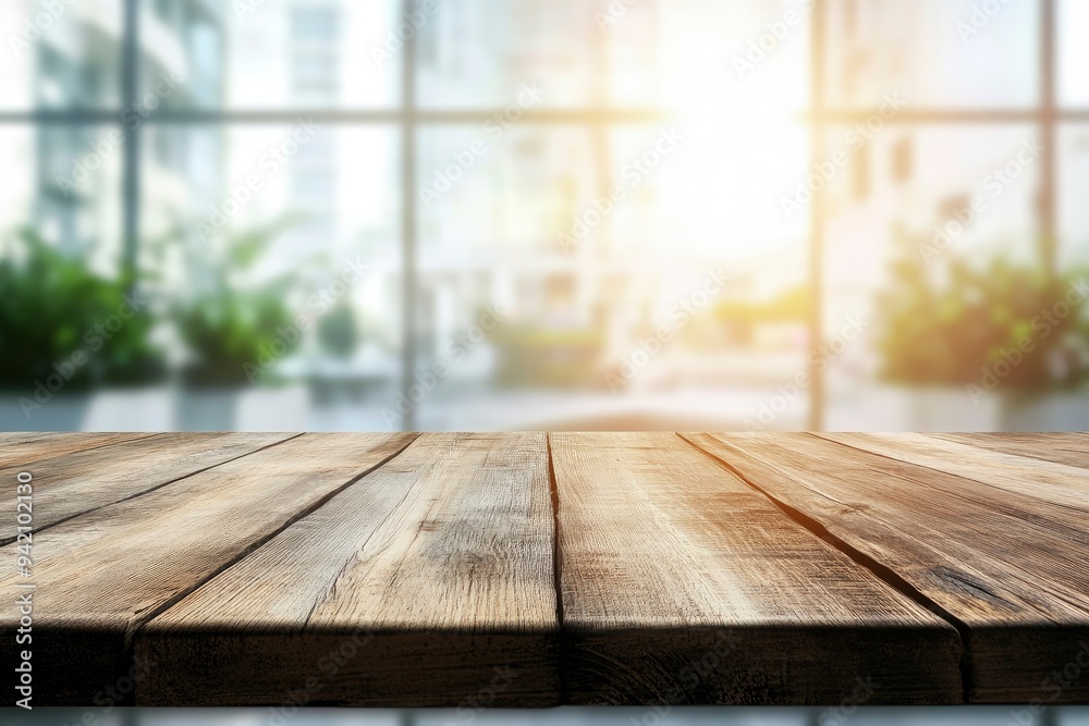 Empty wood table top and blur glass window wall building banner background with generative ai Empty wood table top and blur glass window wall building banner background with generative ai