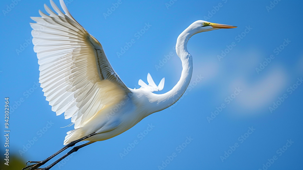 Great Egret flying against a blue sky. Great Egret flying against a blue sky.