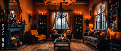 A living room decorated for Halloween with candles and decorations, Halloween party in a living room in Black and Orange, Halloween Background photo