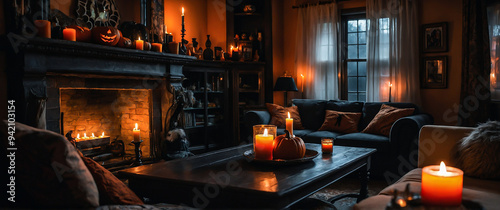 A living room decorated for Halloween with candles and decorations, Halloween party in a living room in Black and Orange, Halloween Background photo