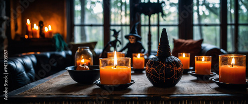 A living room decorated for Halloween with candles and decorations, Halloween party in a living room in Black and Orange, Halloween Background photo