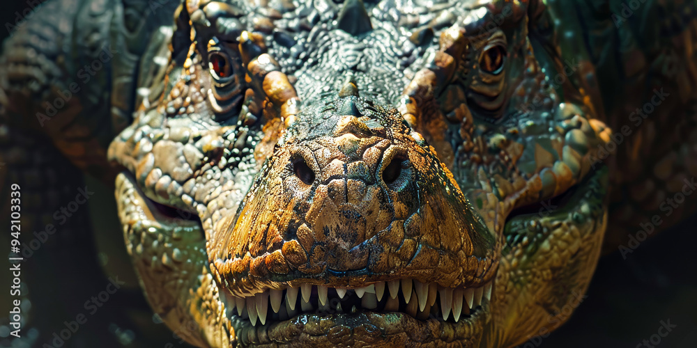 Front-facing view of a dinosaur head with open mouth Front-facing view of a dinosaur head with open mouth