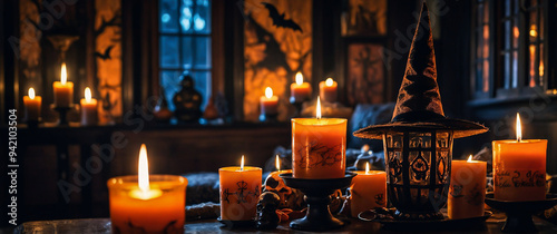 A living room decorated for Halloween with candles and decorations, Halloween party in a living room in Black and Orange, Halloween Background photo