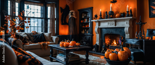 A living room decorated for Halloween with candles and decorations, Halloween party in a living room in Black and Orange, Halloween Background photo