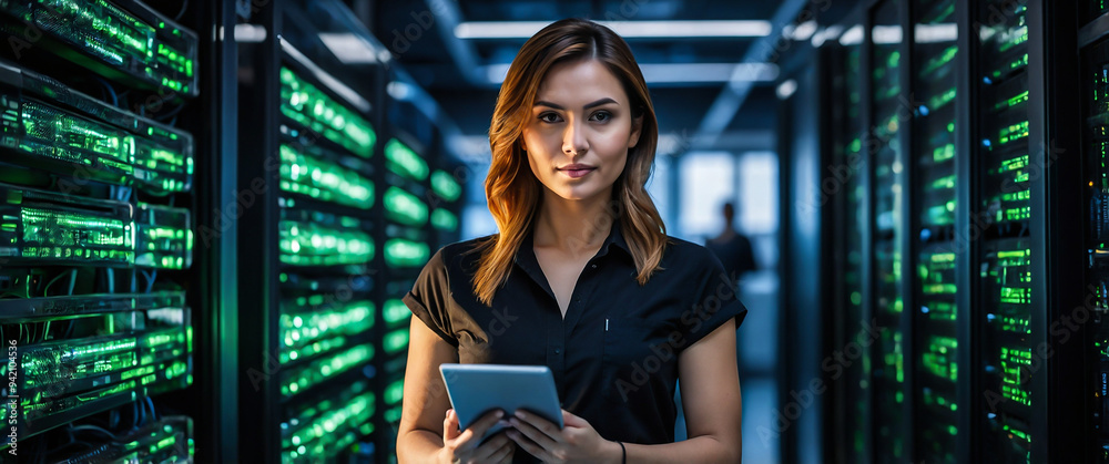 Fototapeta premium A woman checking a server with a tablet, a programmer coding a server by a tablet in a green server room, and a software engineer testing a server of a supercomputer.