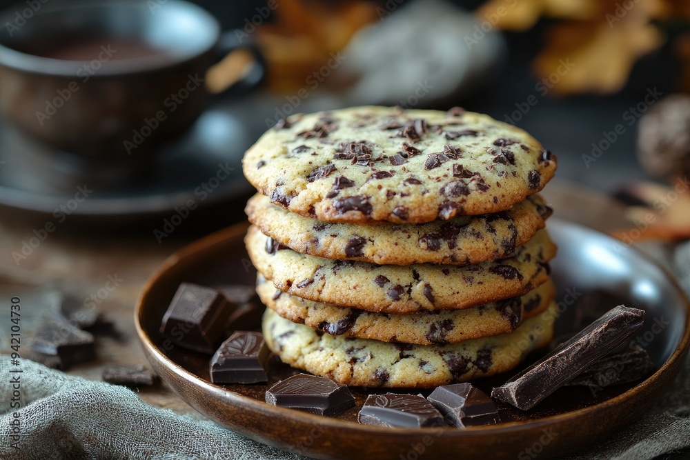 A stack of chocolate chip cookies on a plate. Delicious cookies with chocolate chips perfect for a snack or dessert. A stack of chocolate chip cookies on a plate. Delicious cookies with chocolate chips perfect for a snack or dessert.