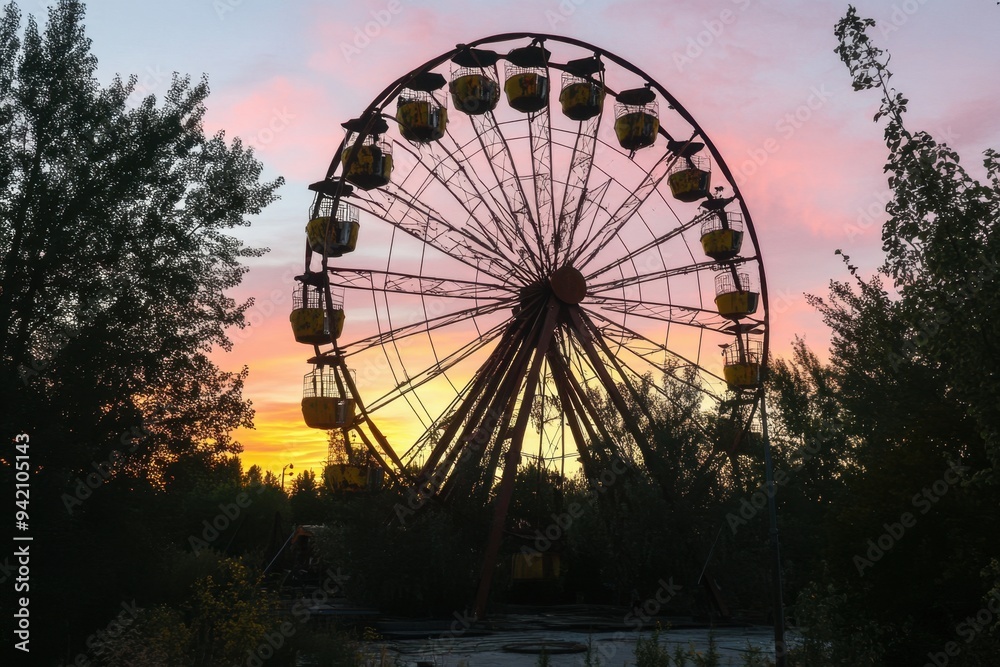 A silhouette of an old, rusted Ferris wheel at sunset in the background, surrounded by trees and foliage, symbolizing memories from childhood adventures Generative AI