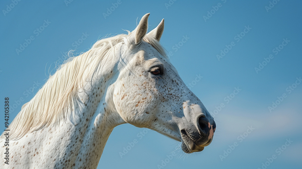 White horse with a flowing mane against a blue sky. White horse with a flowing mane against a blue sky.