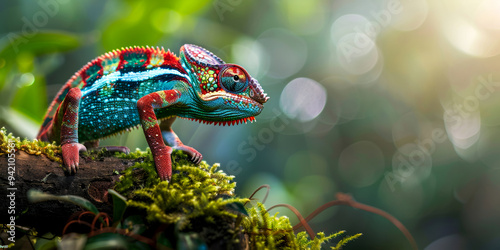 Colorful chameleon climbing on moss-covered branch in jungle