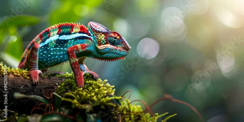 Fototapeta Colorful chameleon climbing on moss-covered branch in jungle