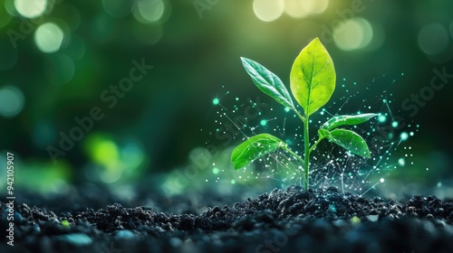 Young plant growing in soil with glowing lines. Perfect for illustrating themes of growth and innovation.