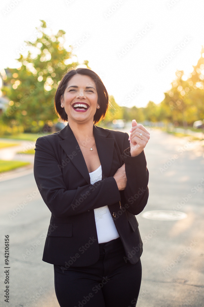 realtor woman real-estate agent selling a home on a beautiful neighborhood realtor woman real-estate agent selling a home on a beautiful neighborhood