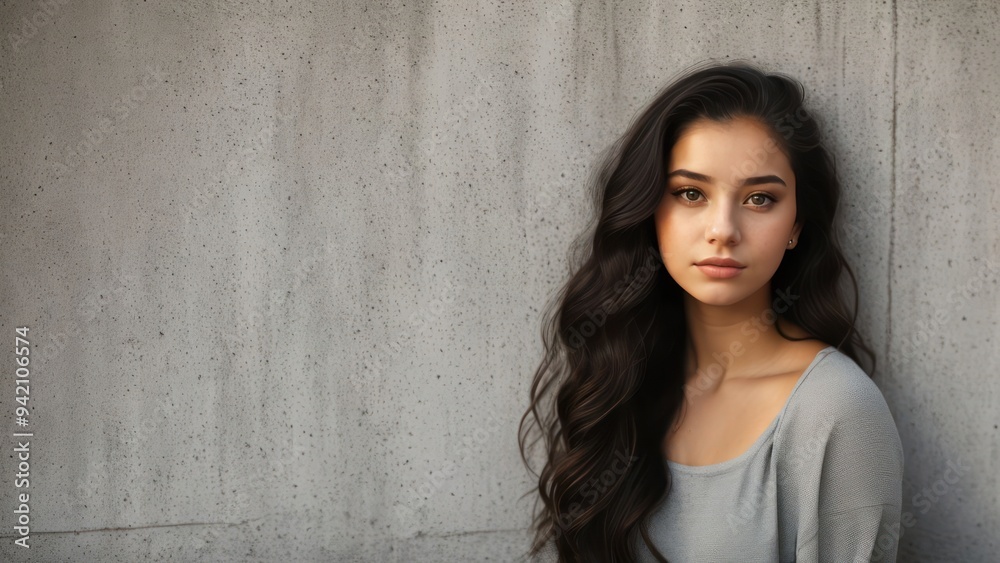 Pretty brunette young woman on the background of a concrete wall. Generative AI Pretty brunette young woman on the background of a concrete wall. Generative AI