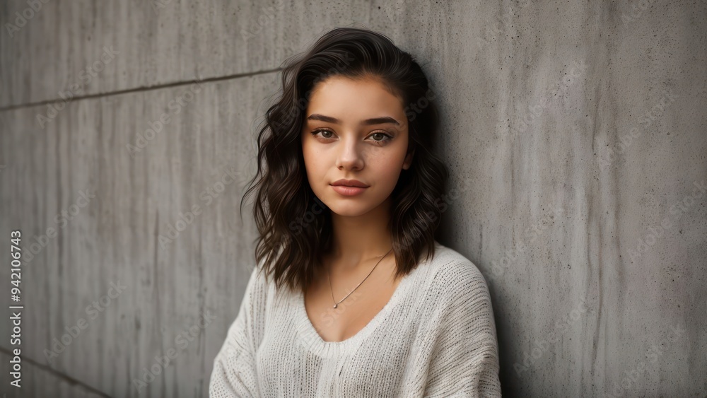 Pretty brunette young woman on the background of a concrete wall. Generative AI Pretty brunette young woman on the background of a concrete wall. Generative AI